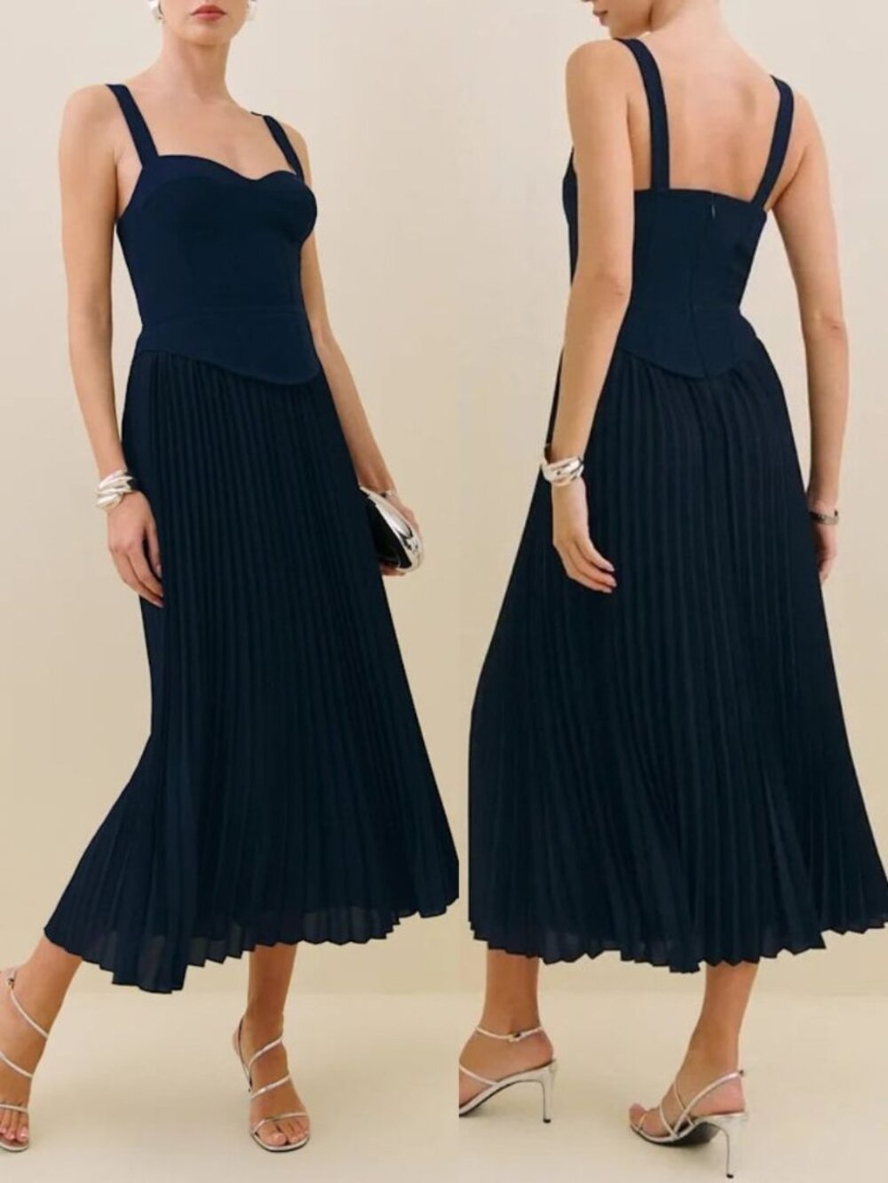 Reformation Marja Dress Navy Blue Pleated Bustier Midi Size 0